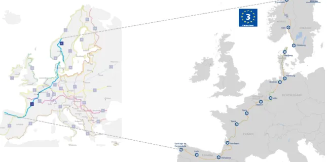 Figura 11: Mapas da extensão total da Rota EuroVelo 3 (Fonte: EuroVelo, The European Cycle Route Network)