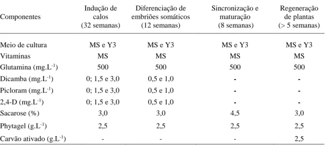 Tabela  1. Composição dos  meios  de cultura e períodos (semanas) utilizadas  no processo  de  embriogênese somática de macaúba (Acrocomia aculeata),  