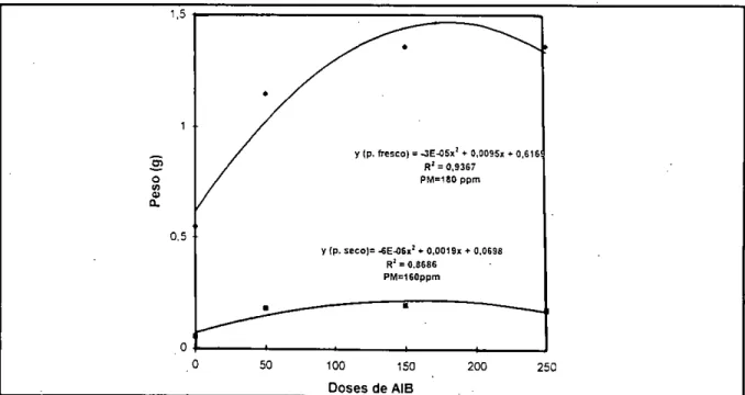 FIGURA 5 — Efeito de doses de ácido indolbutírico (AIB) sobre o peso fresco e seco de raízes de estacas de  marcela  Achyrocline satureioides 