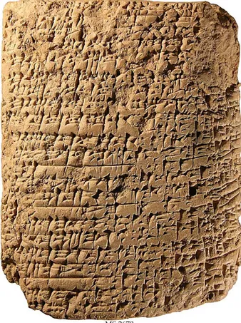 Fig. 6 – Placa em argila da Antiga Babilónia (cerca de 1900- 1900-1700 a.C.) em que estão inscritos, em caracteres cuneiformes, diagnósticos de diversas situações médicas e respectivos prognósticos.