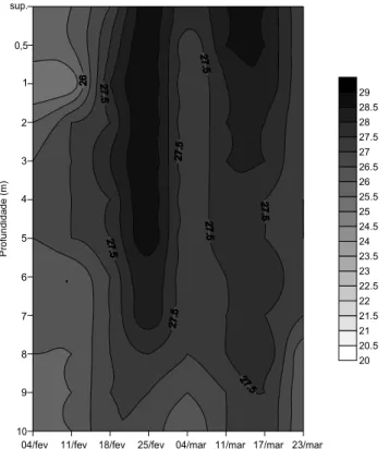 Figura 4 – Perfis térmicos da coluna d’ água no período de chuva (fevereiro e março), no braço  do Riacho Fundo, Lago Paranoá, DF