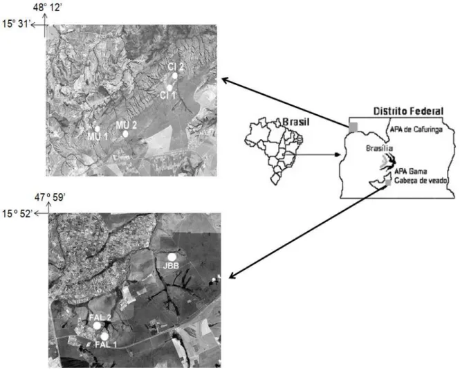 Fig.  1.  Localização  geográfica  da  área  de  estudo  mostrando  os  sítios  da  APA  de  Cafuringa  (CI  1,  CI  2,  MU  1  e  MU  2)  e  os  sítios  da  APA  Gama  Cabeça  de  Veado  (FAL  1,  FAL  2  e  JBB)