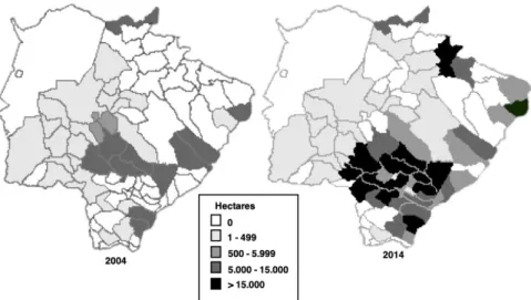 Figure 2 - Main municipalities producing sugarcane in Mato Grosso do Sul, in hectares, in 2004 and  2014