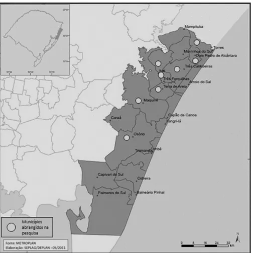 Figura 1. Localização da região do litoral norte do Rio Grande do Sul e municípios de origem dos  agricultores familiares e mediadores sociais envolvidos na pesquisa