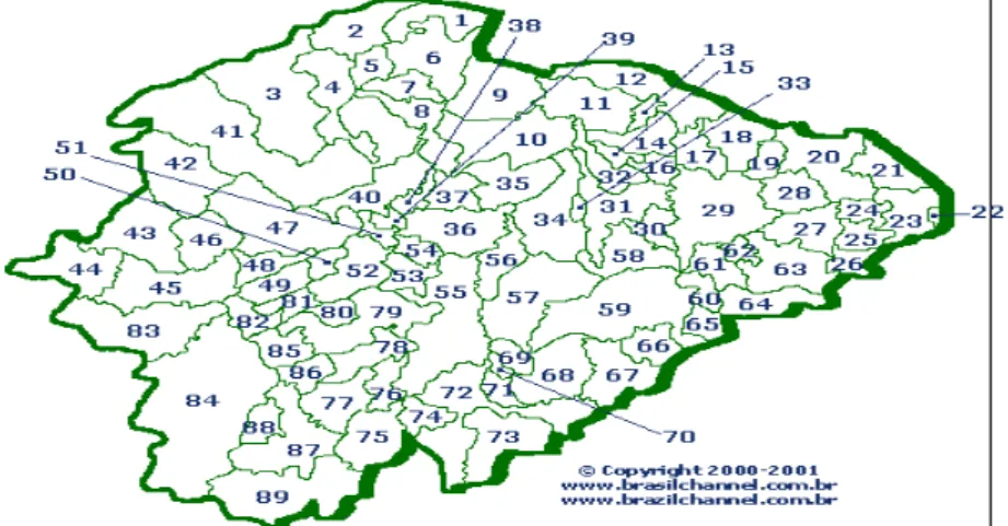 Figura 1. Mapa da mesorregião Norte de Minas Gerais, 1999, com locali- locali-zação dos agroambientes pesquisados na mesorregião