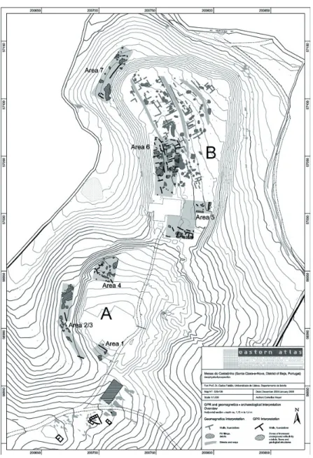 Fig. 4.- Prospecção geofísica de Mesas do Castelinho, com especial incidência nos dados  da Plataforma B, onde se pode observar um desenho urbano com três grandes eixos 
