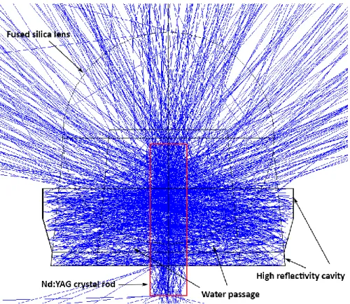 Figure 3.6 - ZEMAX TM  laser head design optimization. Concentrated light rays in blue