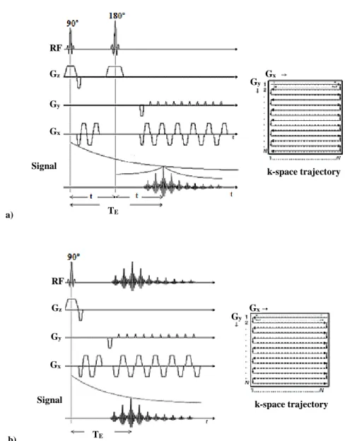 Figure  2.6:  2D  EPI  sequence  and  respective  k-space  trajectory.  a)  Schematic  2D  SE  and  k-space  trajectory