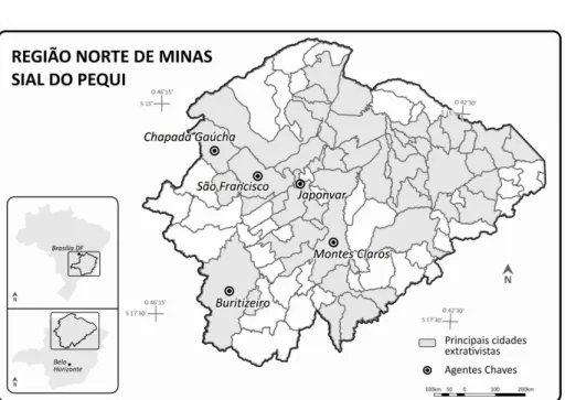 Figura  1:  Mapa  da  região  norte  de  Minas  Gerais  com  as  cidades-polo  de  processamento do pequi e as principais cidades extrativistas 