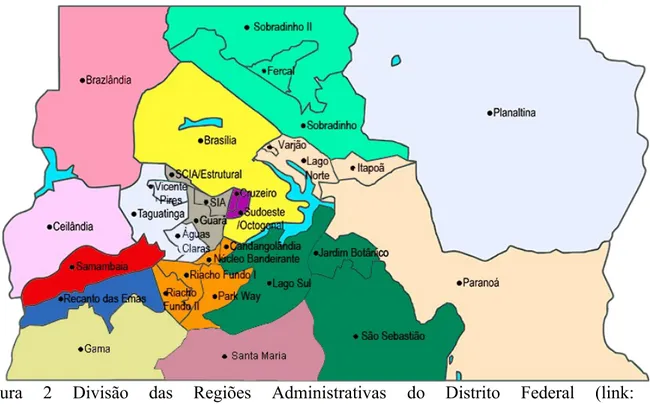 Figura   2   Divisão   das   Regiões   Administrativas   do   Distrito   Federal   (link: https://pt.wikipedia.org/wiki/Ficheiro:Mapa_DF_por_zona.png ) Acessado 23/07/2019 às 09:53 Figura   3  Região Administrativa   de Nº1   –   Plano   Piloto de Brasília