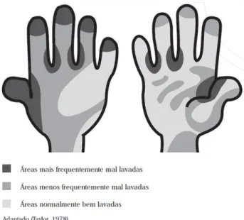 Figura 1.1-Áreas das mãos que podem ficar mal lavadas após uma lavagem inadequada (Batista e  Saraiva, 2003) 