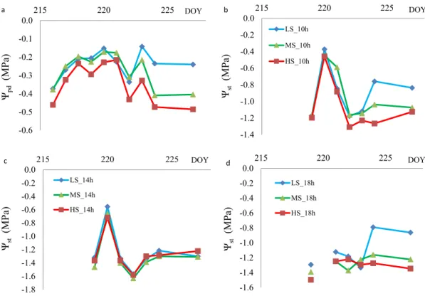 Figure 2. Observed Ψ pd   (a) and Ψ st  of grapevines at 10:00 a.m. (b); 2:00 p.m. (c) and 6:00 p.m