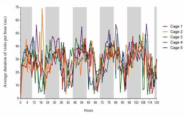 Figure 14 - Progression of average durations of visits per hour (in seconds) per cage, throughout  the five days in one hour intervals