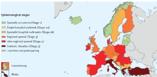 Figure 1.3. Epidemiological situation of carbapenemase-producing Enterobacteriaceae in 2018