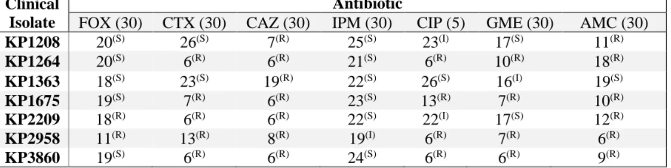 Table 3.2 Kirby-bauer disk diffusion susceptibility tests for seven K. Pneumoniae clinical isolates from this study