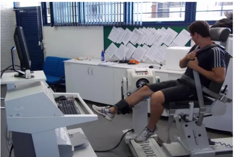 Figura  10  -  Foto  ilustrativa  do  teste  de  força  muscular  isocinética  de  extensão  do  joelho  realizado  no  Laboratório  de  Força  da  Faculdade  de  Educação  Física  na  Universidade de Brasília, utilizando o equipamento dinamômetro isocinét
