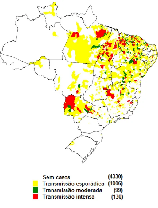 Figura 1: Áreas com transmissão de Leishmaniose Visceral (LV) no Brasil de  2007 a 2009