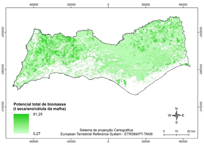 Figure 2. Distribution of the total residual biomass potential available in the Algarve (t dry/year/grid cell)