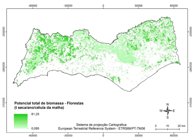 Figura 3. Distribuição do potencial de biomassa residual das florestas disponível para o Algarve (t seca/ano/célula da malha)