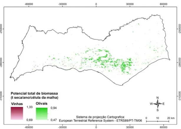 Figure 5. Distribution of residual biomass potential of olive groves and vineyards available in the Algarve (t dry/year/grid  cell)