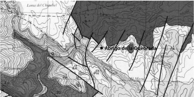 Figure 2. The geological setting of Quebrada, according to sheet 666, 27-26 (Chelva) of the 1:50.000 Geological  Map  of  Spain  (IGME  1972)