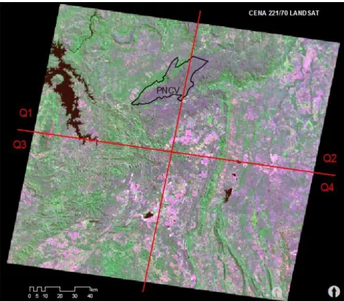 Figura  3.4. Localização  do PNCV e sua distribuição  pelos  quadrantes  da cena 221/70  do Satélite  Landsat,  composição  colorida  RGB  5/4/3