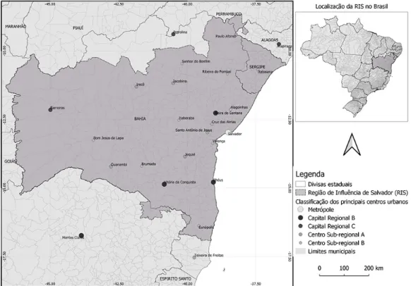 Figura  1.  Região  de  Influência  de  Salvador  (RIS)  e  principais  núcleos  urbanos,  segundo  os níveis de hierarquia