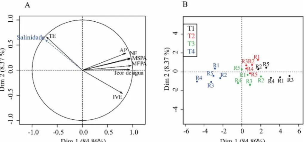 Figura 3. Análise de componentes principais (A) e agrupamento das variáveis (B) do crescimento inicial de minimelancia  cv