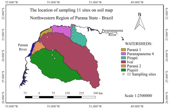 Figure 1. Location of the eleven sampling sites irrigated areas in six watersheds in the Northwestern Region of Parana  State, Brazil (INSTITUTO DE ÁGUAS DO PARANÁ, 2020)