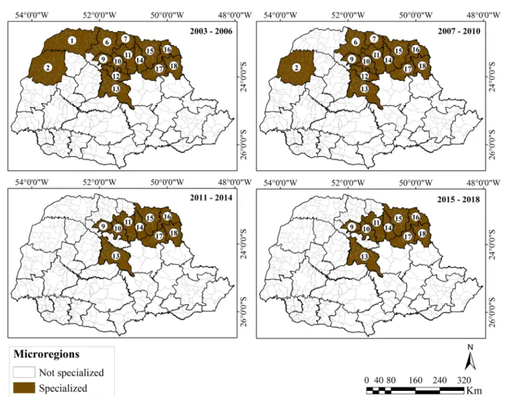 Figure 3: Microregions of the state of Paraná specialized in coffee production in the periods of 2003 to 2006, 2007 to 2010, 2011  to 2014, and 2015 to 2018.