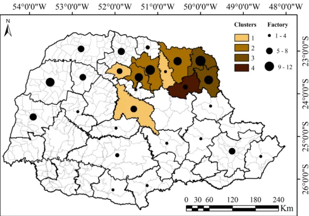 Figure 5: Clusters of the specialized microregions in coffee production and location of the coffee processing industries in Paraná  in the period from 2015-2018.