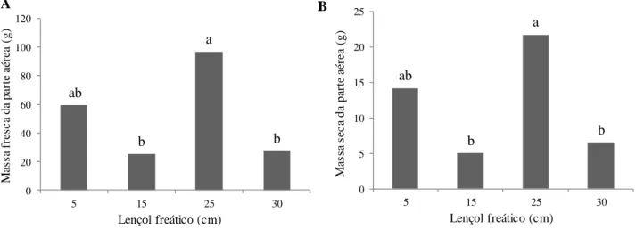 Figura 1. Massa fresca da parte aérea (A) e massa seca da parte aérea (B) de plantas de rúcula submetidas a níveis  de profundidade de lençol freático (5; 15; 25 e 30 cm)
