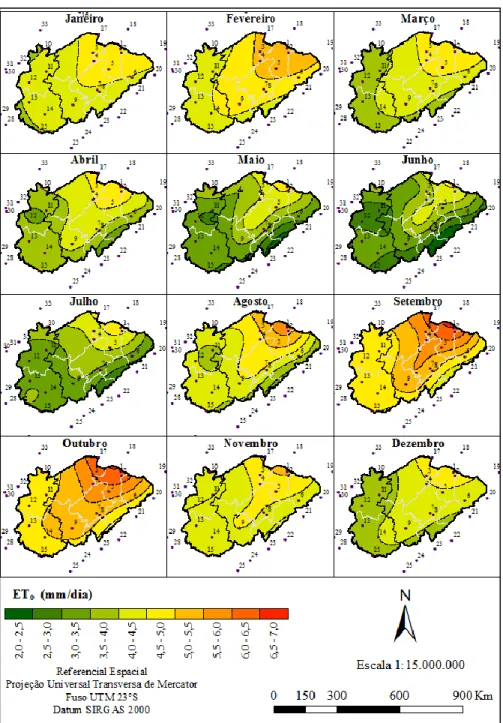 Figura 3. Distribuição espacial de ET 0  para a mesorregião do Norte e Noroeste, do estado de Minas  Gerais