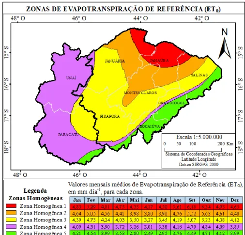 Figura  5.  Mapa  representativo  das  Zonas  Homogêneas  e  valores  estimados  mensais  da  evapotranspiração de referência (mm dia -1 ), para cada zona na mesorregião do Norte e Noroeste, do  estado de Minas Gerais
