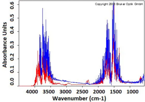 FIGURE 8 - IR spectrum of parchment at 115C- 5C/min (red) and IR spect rum of water from Bruker database (blue).