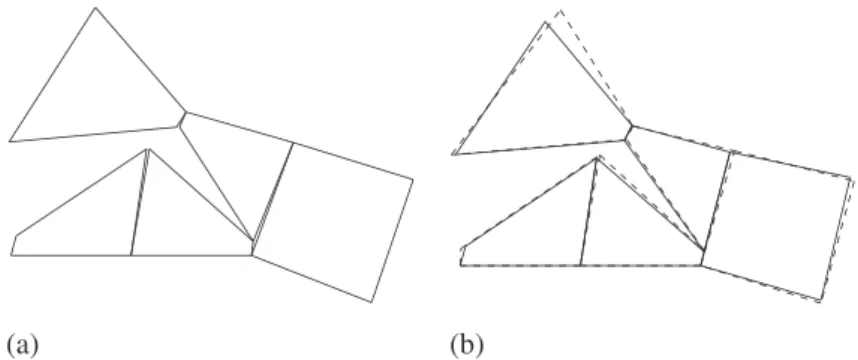 Figure 10. Deformed mesh (displacements magnified 2 times) obtained with (a) the GSDA; and (b) the new formulation (continuous) and GFEM/XFEM (dashed).