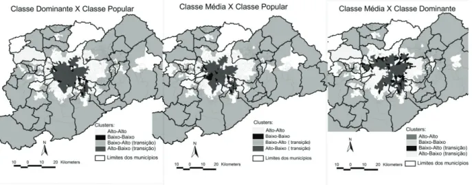 Figura 4 - Moran Local para cruzamento entre classes (dominante, média e popular),  RMSP por AP, 2000