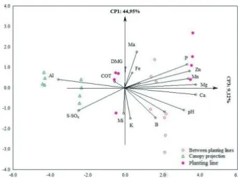 FIGURE 4 - Principal component analysis (PCA) of the CP1 and CP3 with the variables: total organic carbon  (TOC); pH-H 2 O; calcium (Ca +2 ); magnesium (Mg +2 ); potassium (K + ); sulfur (S-SO 4 ); aluminum (Al +3 ); zinc (Zn),  manganese (Mn); iron (Fe); 