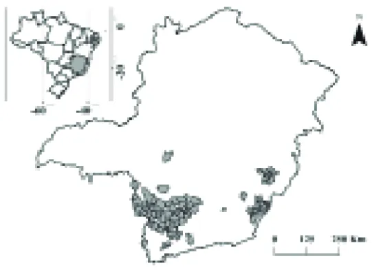 FIGURE 1 - Map of the Minas Gerais state. Highlighted counties that sent samples