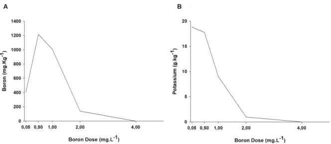 FIGURE 4 - Nutritional levels of B (A) and K (B) resulting from the boron doses in the nutrient solution