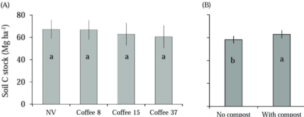FIGURE 2 - Carbon stocks (Mg -1 ) in the 0-20 cm soil layer (A) for the Cerrado and in areas with different coffee  cultivation times; (B) without and with application of the organic compost at Boa Vista Farm in the municipality  of Patrocínio, Minas Gerai