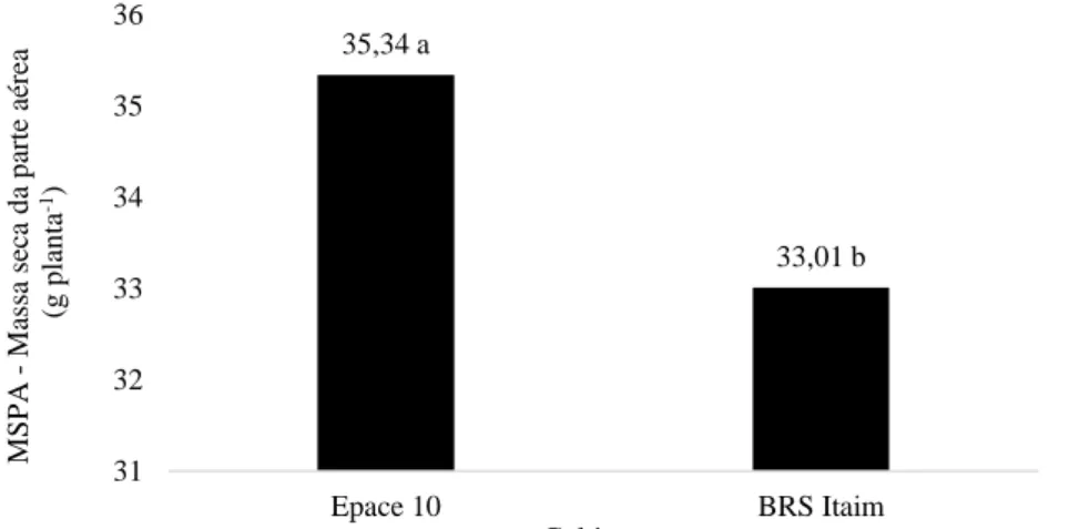 Figura 5. Massa seca da parte aérea (MSPA) de cultivares de feijão-caupi (Epace 10 e BRS Itaim), associadas  ao manejo da irrigação com água de diferentes salinidades e regimes hídricos