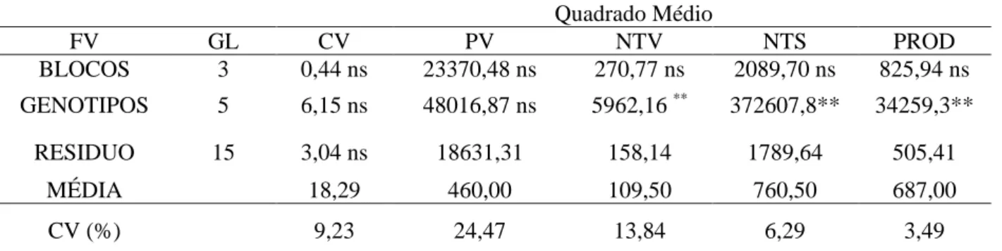 Tabela 3 - Resumo da análise de variância com base na média dos tratamentos para comprimento de  vagens (CV) peso de vagens (PV), número total de vagens (NTV), número total de sementes (NTS)  e produtividade (PROD)