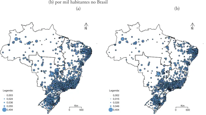 Figura 2: Distribuição espacial de mamógrafos em uso (a) e disponíveis para o SUS  (b) por mil habitantes no Brasil