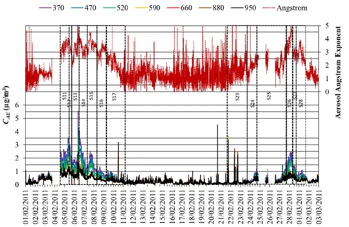 Figure 1 – Time  series  of  10  minute  Aethalometer  particle  aerosol  concentrations,  C AE (,  t)  and 210 