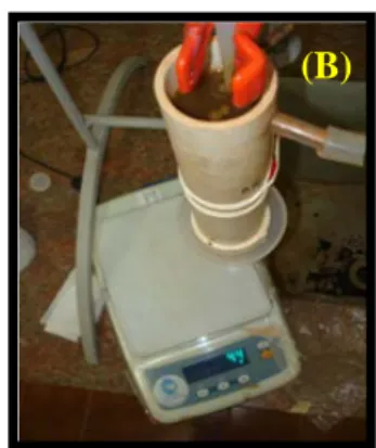Figura 1. (A) Preparação da coluna de PVC e (B) Início do teste da curva de distribuição de efluentes.