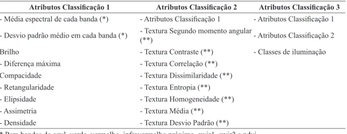 TABELA 3 - Tabela de atributos extraídos dos segmentos da imagem, para posteriores classificações.