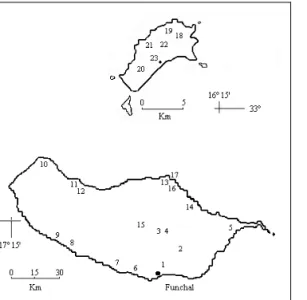 Fig. 1.  Madeira and Porto Santo Islands with reference  to the 23 sites; 1-Funchal, 2-Camacha, 3 and 4-Santo  da Serra, 5-Caniçal, 6-Câmara de Lobos, 7-Quinta  Grande, 8-Anjos, 9-Laranjeiras, 10-Porto Moniz,  11-Seixal, 12 Chão da Ribeira, 13 and 16-Santa