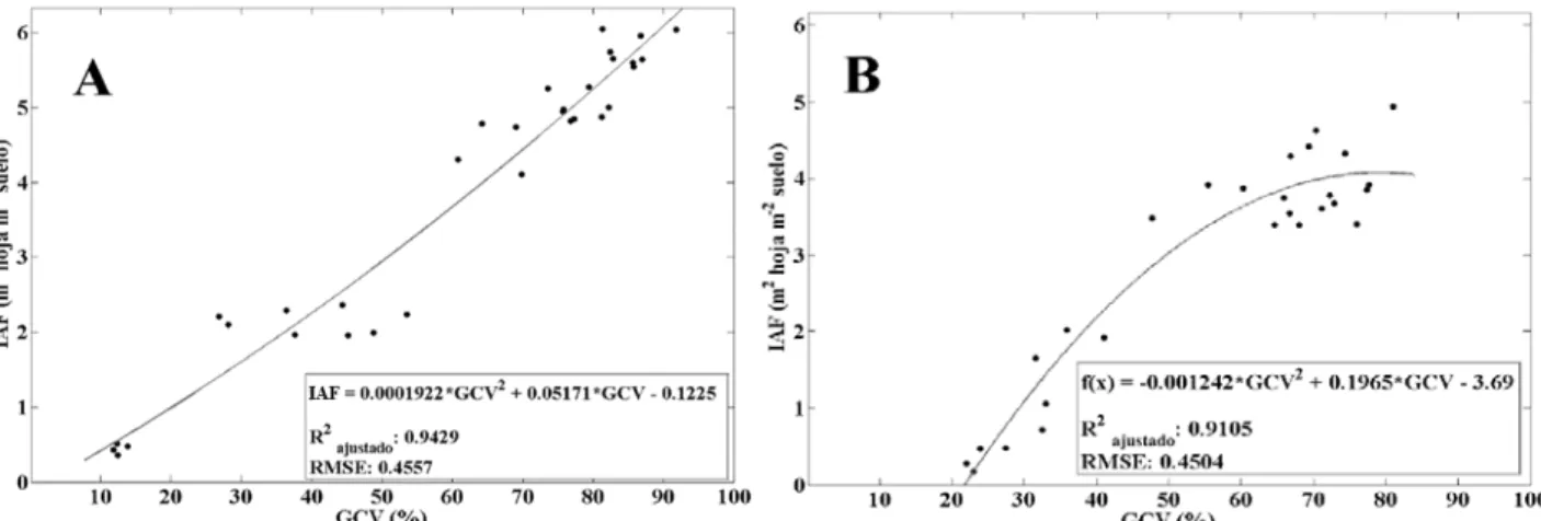 Figura 5. Índice de área foliar (IAF) frente al grado de cobertura verde (GCV) en maíz grano en los años 2015  (5A) y 2016 (5B)