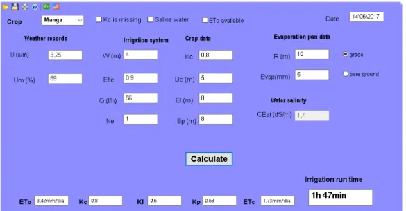 Figure 4. Secondary screen of Irrifuit for managing irrigation with the Class A pan. 